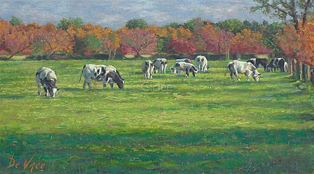 Eric De Vree, Cows along 'De Krommeweg' (Malerei, Landschaft, Natur, Weide, Kühe, Nutztiere, Idylle, Herbst, Wohnzimmer, bunt)