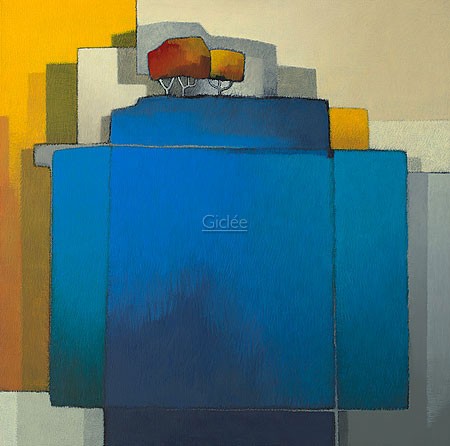 Maria Megens, The blue heights (Abstrakt, Bäume, Berg, Rechtecke, Farbfelder, Wohnzimmer, Büro, Arztpraxis, bunt)