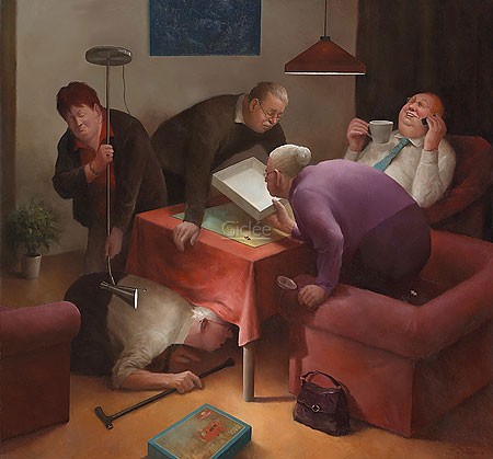 Marius van Dokkum, Missing Link (Malerei, Karikatur, alte Ehepaare,  Spiele Nachmittag, Puzzle, Suche, Puzzleteil, lustig, komisch, Wohnzimmer, bunt)