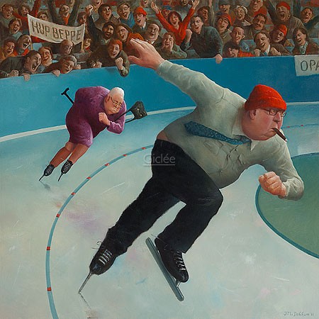 Marius van Dokkum, Speed skating (Malerei, Karikatur, Menschen,  Senioren, Seniorensport, Oma, Opa, Eisschnelllauf, Verfolgung, cool, lustig, komisch, Treppenhaus, Wohnzimmer, bunt)