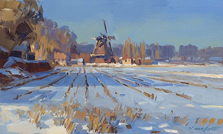 Hans Versfelt, Windmill in the sun (Malerei, Landschaft, Niederlande, Winterlandschaft, Schnee, Dorf, Windmühle,  Licht / Schatten, Wohnzimmer, Schlafzimmer, bunt)