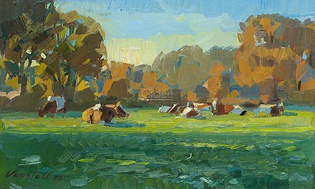 Hans Versfelt, Cows in autumn light (Malerei, Landschaft, Niederlande, Ebene, Flachland, Kühe, Weide, Bäume, Idylle, Herbst, Sonnenlicht, Horizont, Wohnzimmer, bunt)