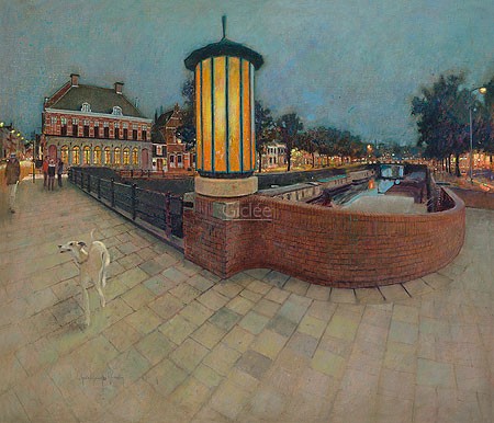 Christiaan Afman, Boteringebrug (Malerei, Niederlande, Stadtansicht, Groningen, Nostalgie, Brücke, Architektur, Fassaden, Windhund, Laterne, Abendlicht, Wohnzimmer, bunt)