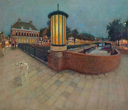 Christiaan Afman, Boteringebrug (Malerei, Niederlande, Stadtansicht, Groningen, Nostalgie, Brücke, Architektur, Fassaden, Windhund, Laterne, Abendlicht, Wohnzimmer, bunt)