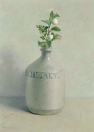 Henk Helmantel, Japanese saki bottle with snowberry (Malerei, Stillleben, Blumen, Schneebeere, Knallerbsen, Sakeflasche, japanische Flasche, Vase, Blütenzweig, Wohnzimmer, Schlafzimmer, Treppenhaus,Esszimmer, bunt)