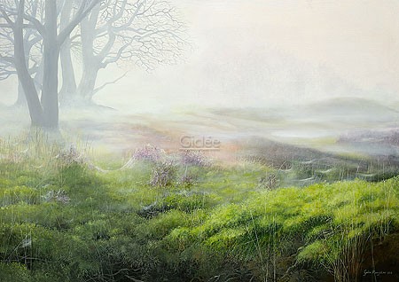 Geke Hoogstins, Mist over heathland (Malerei, Natur, Landschaft, Moor, Sumpf, Morgentau, Sonnenaufgang, Dunst, Morgendunst, Nebel, Spinnennetze, Schlafzimmer, Wohnzimmer, Arztpraxis, bunt)