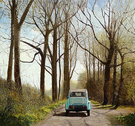 Martin Sijbesma, Citroën 2CV - The Tin Snail (Malerei, Landschaft, Straße, Waldweg, Auto, Spazierfahrt, Noastalgie, Oldtimer, Ente, Fotorealismus, Treppenhaus, bunt)