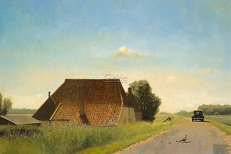 Martin Sijbesma, Tour de Traction (Malerei, Landschaft, Herbst, Straße, Spazierfahrt, Auto, Oldtimer, Fotorealismus, Treppenhaus, bunt)