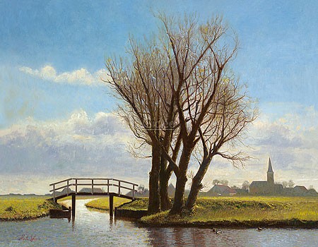 Martin Sijbesma, Landscape near Dedgum (Malerei, Landschaft, Brücke, Niedelande, Kanal, Ebene, niederländisches Dorf, Bäume, Fotorealismus, Treppenhaus, Wohnzimmer,bunt)