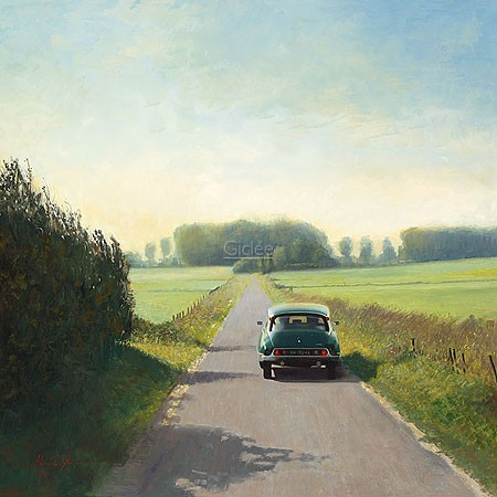 Martin Sijbesma, Citroën DS in de Wieringermeerpolder (Malerei, Landschaft,  Auto, Citroen,  Citroen DS, Déesse, Oldtimer, Nostalgie, Fotorealismus, Treppenhaus, Wohnzimmer, bunt)