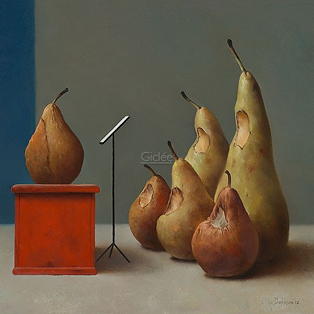 Marius van Dokkum, Mixed Choir (Malerei, Karikatur,  Birnen, Birnenchor, Chorleiter, singende Birnen, Obst, Früchte, lustig, komisch, Esszimmer, Wohnzimmer, bunt)