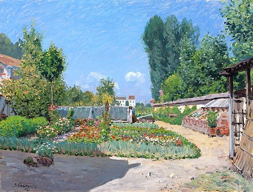 Alfred Sisley, Der Gemüsegarten (Le Potager). 1872 (Landschaft, Landschaftsmalerei, Sommer, Garten, Gemüse, Beete, ländlich, Sonnenschein, Frankreich, Idylle, Wohnzimmer, Treppenhaus, Impressionismus, Klassische Moderne, Malerei, Wunschgröße, bunt)