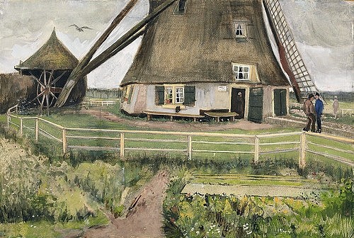 Vincent van Gogh, Die Laakmolen bei Den Haag (Die Windmühle). Juli 1882 (Windmühle, Gebäude, Zaun, Müller, Landschaft, Aquarell, Landleben,  Klassische Moderne, Impressionismus, Wohnzimmer, Treppenhaus, Wunschgröße, bunt)