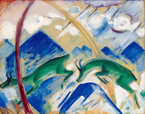 Franz Marc, Gemsen. 1911 (Marc,Franz,1880-1916,Christie's Images Ltd,Tempera auf Papier,20. Jahrhundert,auf Karton,Tiere,Franz Marc,blauer Reiter,Tiere,kubistisch,springen,abstrahierend,abstrahierende Formen,symbolisch,Farbharmonie,harmonisch,Gemse,leicht,leichtfüßig,grün,blau,Rhy)