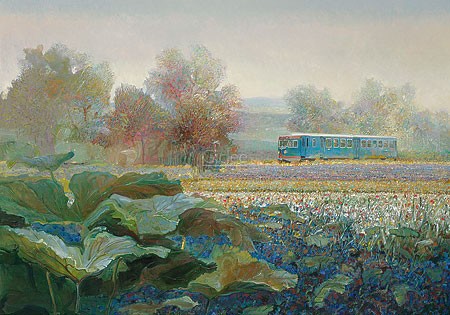 Rein Pol, The Blue Angel in French landscape (Malerei, Landschaft, Natur, Eisenbahn, Lokomotive, französische Landschaft, Reisen, Urlaub, Wohnzimmer, Treppenhaus, bunt)