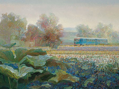 Rein Pol, The Blue Angel in French landscape (Malerei, Landschaft, Natur, Eisenbahn, Lokomotive, französische Landschaft, Reisen, Urlaub, Wohnzimmer, Treppenhaus, bunt)