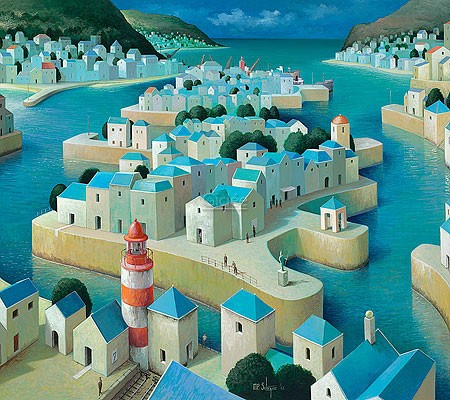 Michiel Schrijver, A good message (Malerei, modern, Meeresbrise, Stadt, Architektur, Stadtansicht, Häuser, Leuchtturm, Insel, Landschaft, surreal, metaphysisch, Wohnzimmer, bunt)