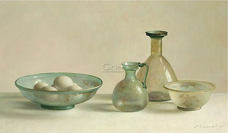 Henk Helmantel, Still life with Roman glass (Malerei, Stillleben, Tisch, römisches Glas, Glasteller, Karaffen, Eier, Esszimmer, Küche, Wohnzimmer, bunt)