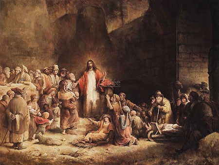 Marius van Dokkum, Hundred Guilder Print (Malerei, das hundert Gulden Blatt, Rembrandt,- Kopie, Jesus Christus, Kinder, Lasset die Kinder zu mir kommen, Innenhof, religiös, Treppenhaus, Wohnzimmer, Schlafzimmer, bunt)