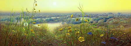 Ger Stallenberg, Spring (Malerei, jahreszeit, Frühling, Natur, Landschaft, Wiese, Blumen, Heidelandschaft, Teich, Tümpel, Morgenlicht, Schlafzimmer, Wohnzimmer, bunt)