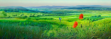 Ger Stallenberg, Summer (Malerei, Jahreszeit, Sommer, Natur, Landschaft, Wiese, Mohnblumen, Blume, rote Blüten, Horizont, Schlafzimmer, Wohnzimmer, bunt)