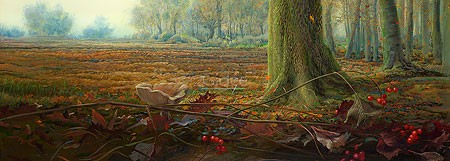 Ger Stallenberg, Autumn (Malerei, Jahreszeiten, Herbst, Natur, Landschaft, Waldboden, Pilz, Beeren, Laub, Blätter, Baumstämme, Schlafzimmer, Wohnzimmer, bunt)