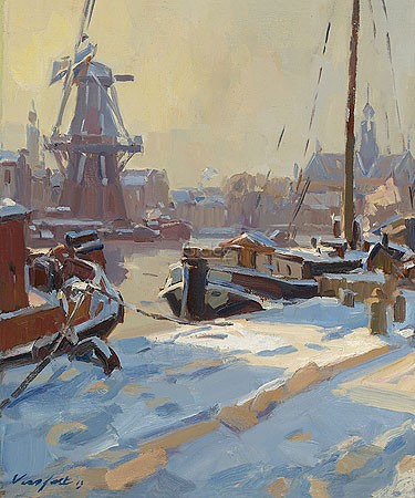 Hans Versfelt, Spaarne Haarlem (Malerei, Landschaft, Niederlande, Winterlandschaft, Schnee, Dorf, Hafen, Boote, Windmühle,  Licht / Schatten, Wohnzimmer, Schlafzimmer, bunt)