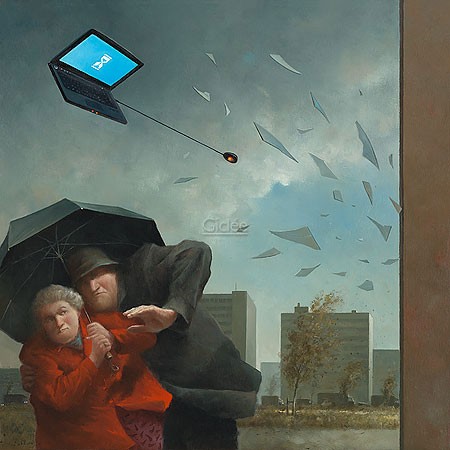 Marius van Dokkum, Slow computer (Malerei, Karikatur,  Ehepaar, älteres Paar, Spaziergang, fliegeder Laptop, langsamer Computer, Scherben, Fensterwurf, komisch, lustig, Treppenhaus, Wohnzimmer, Büro, bunt)