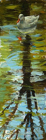 Theo Onnes, White Duck II (Malerei, Teich, weiße Ente, Tümpel, Wasser, Spieglungen, Tier, Treppenhaus, Wohnzimmer, Tierarztpraxis, bunt)