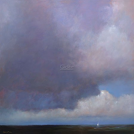 Dinie Boogaart, Sailing Boat (Malerei, Landschaft, Niederlande, Meeresbrise, Meer, Segelboot, Wolken, bedrohlich, Unwetter, Gefahr, Horizont, Unendlichkeit, impressionistisch, Wohnzimmer, bunt)