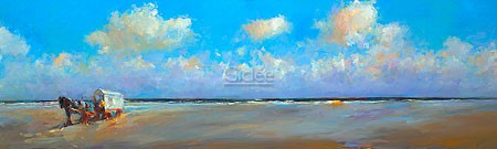 Dinie Boogaart, At beachmark 4 (Malerei, Landschaft, Niederlande, Meeresbrise, Meer, Strand, Sandstrand, Fuhrwerk, Horizont, Wolken, Sommer, Sommerlicht, impressionistisch, Wohnzimmer, bunt)