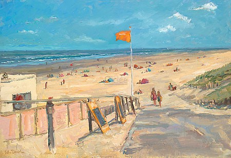 Ellen Davidzon, Orange in top (Malerei, Meeresbrise, Meer, orange Flagge, Landschaften, Abstraktion,  Strand, Sand, Badeurlaub, Touristen, Urlaub, Wohnzimmer, Badezimmer, bunt)