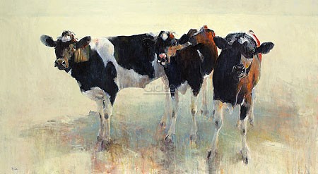 Hiske Wiersma, Young Cattle (Malerei, Kälber, Nutztiere, Schwarzbunte, Sonnenlicht, modern, Esszimmer, Wohnzimmer, bunt)