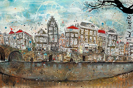Noël Hariri, Kanal (Malerei, Niederlande, Städte, Groningen, Architektur, Häuserzeile, Gracht,  Farbklekse, Tupfen, Wohnzimmer, Arztpraxis, bunt)