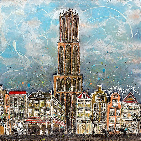 Noël Hariri, Dom (Malerei, Niederlande, Städte,  Architektur, Häuserzeile, Kirchturm,  Farbklekse, Tupfen, Schachbrettboden, Wohnzimmer, Arztpraxis, bunt)