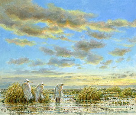 Erik van Ommen, Great Egrets (Malerei, Natur, Landschaft, Silberreiher, Reiher, Vögel, Wasservogel, Wind, Sonnenuntergang,  naturgetreu, realistisch, Wohnzimmer, Schlafzimmer, bunt)