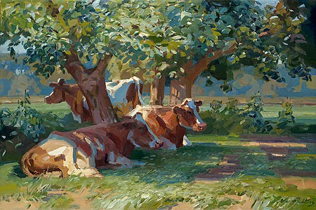 Hans Versfelt, Midsummer (Malerei, Landschaft, Niederlande,  Kühe, Weide, Weg, Bäume, Schutz, Idylle, Sommer, Sonnenlicht, Kontast, Licht / Schatten, Horizont, Wohnzimmer, bunt)
