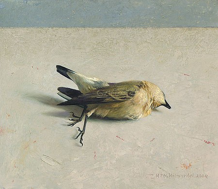 Henk Helmantel, Wheatear (Malerei, Natur, Vogel, toter Vogel, Singvogel, Steinschmätzer, Tod, Vergänglichkeit, Vanitas, Treppenhaus, bunt)