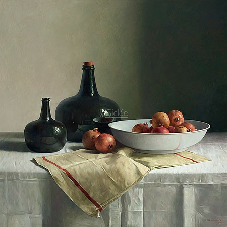 Henk Helmantel, Pomegranates on Chinese dish (Malerei, Stillleben, Tisch, chinesisches Porzellan, Glasflaschen, Granatäpfel, Punica granata, Esszimmer, Küche, Wohnzimmer, bunt)