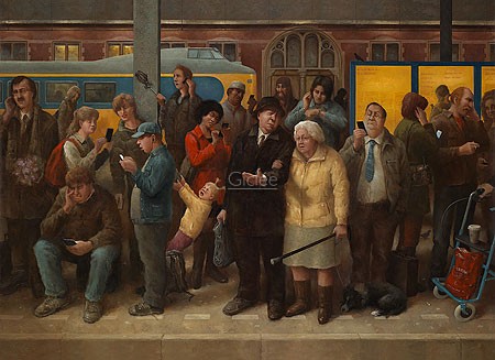 Marius van Dokkum, Ladies and Gentlemen (Malerei, Karikatur, Menschen, Menschenmenge, Bahnhof, Gleis, Wartende, Zug,  komisch, lustig, Treppenhaus, Wohnzimmer,  bunt)