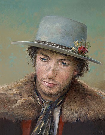 Rein Pol, Is it Bob Dylan (Malerei, Portrait, Bob Dylan, Persönlichkeiten, Sänger, Folksänger, Musiker, Hut, Winterjacke, Wohnzimmer, Musikzimmer, Treppenhaus, bunt)