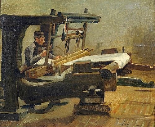 Vincent van Gogh, Der Weber: Der ganze Webstuhl, Profil nach rechts. Entstanden im Februar 1884. (Handwerk, Webstuhl, Arbeiter, Beruf, Leinweber,  Mann, Weber, Genre, Alltagsszene, Klassische Moderne, Impressionismus, Wohnzimmer, Treppenhaus, Wunschgröße, bunt)