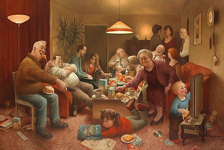 Marius van Dokkum, Bloated (Malerei, Karikatur, Familienfeier, chaos, Völlerei, dicke Kinder, aufgedunsen, aufgebläht,  Familientreffen,  lustig, komisch, Wohnzimmer, bunt)