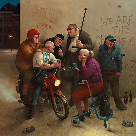 Marius van Dokkum, Second Youth (Malerei, Karikatur, Senioren, Alt-Rocker, Motorrad, Rollator, Graffiti, cool,  lustig, komisch, Wohnzimmer, Treppenhaus, bunt)