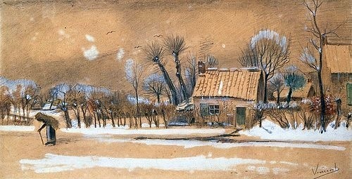 Vincent van Gogh, Winter. Entstanden 1881 in Etten. (Winter, Jahreszeiten, Dorf, Schnee, Häuser, Kälte, alte Frau, Reisig, Alltagsszene, Klassische Moderne, Impressionismus, Wohnzimmer, Treppenhaus, Wunschgröße, bunt)