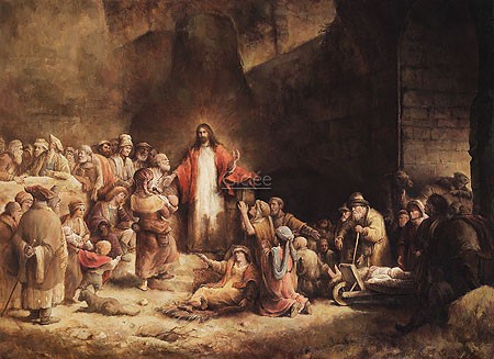 Marius van Dokkum, Hundred Guilder Print (Malerei, das hundert Gulden Blatt, Rembrandt,- Kopie, Jesus Christus, Kinder, lasset die Kinder zu mir kommen, Innenhof, religiös, Treppenhaus, Wohnzimmer, Schlafzimmer, bunt)