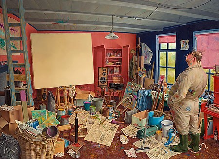 Marius van Dokkum, Waiting for Inspiration (Malerei, Karikatur, Menschen, Künstler,  Atelier, Eingebung, Abwarten, Chaos, Durcheinander,  komisch, lustig, Treppenhaus, Wohnzimmer, bunt)