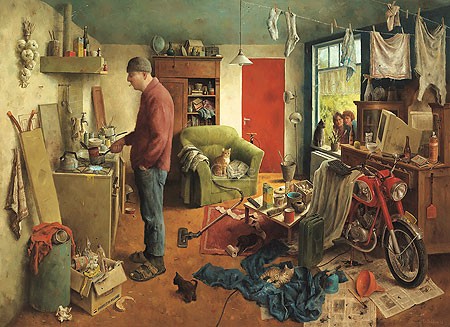 Marius van Dokkum, A man's World (Malerei, Karikatur, Menschen, Mann, Männerwirtschaft, Unordung, Messi, Zimmer, Chaos, Durcheinander, Eingebung, Warten, komisch, lustig, Treppenhaus, Wohnzimmer, bunt)