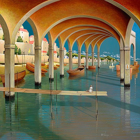 Michiel Schrijver, Greeting to the shore (Malerei, modern, Meeresbrise, Stadt, Architektur, Bögen, Pfeiler, Arkaden,  Häuser, Landschaft, surreal, metaphysisch, Wohnzimmer, bunt)