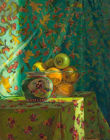 Keimpe van der Kooi, With washing machine door (Malerei, Stillleben, Obst, Früchte, Obstschale, edel, Porzellantopf, Tischtuch, Esszimmer, Wohnzimmer, bunt)